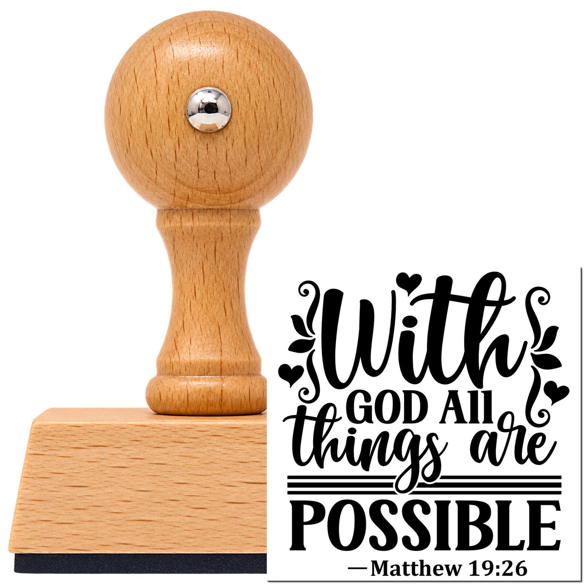 Vintage Pro beech wood stamp with a round knob handle, shown with its black With God All Things Are Possible imprint on white.