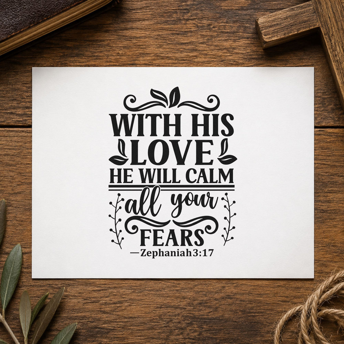 His Love Calms Your Fears rubber stamp printed in black ink, ready for calm fears cards and similar paper crafts.