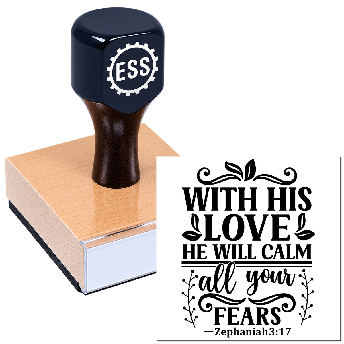 Dark navy custom stamp and seal set with ESS logo, on a pink block, beside a black decorative scripture seal design.