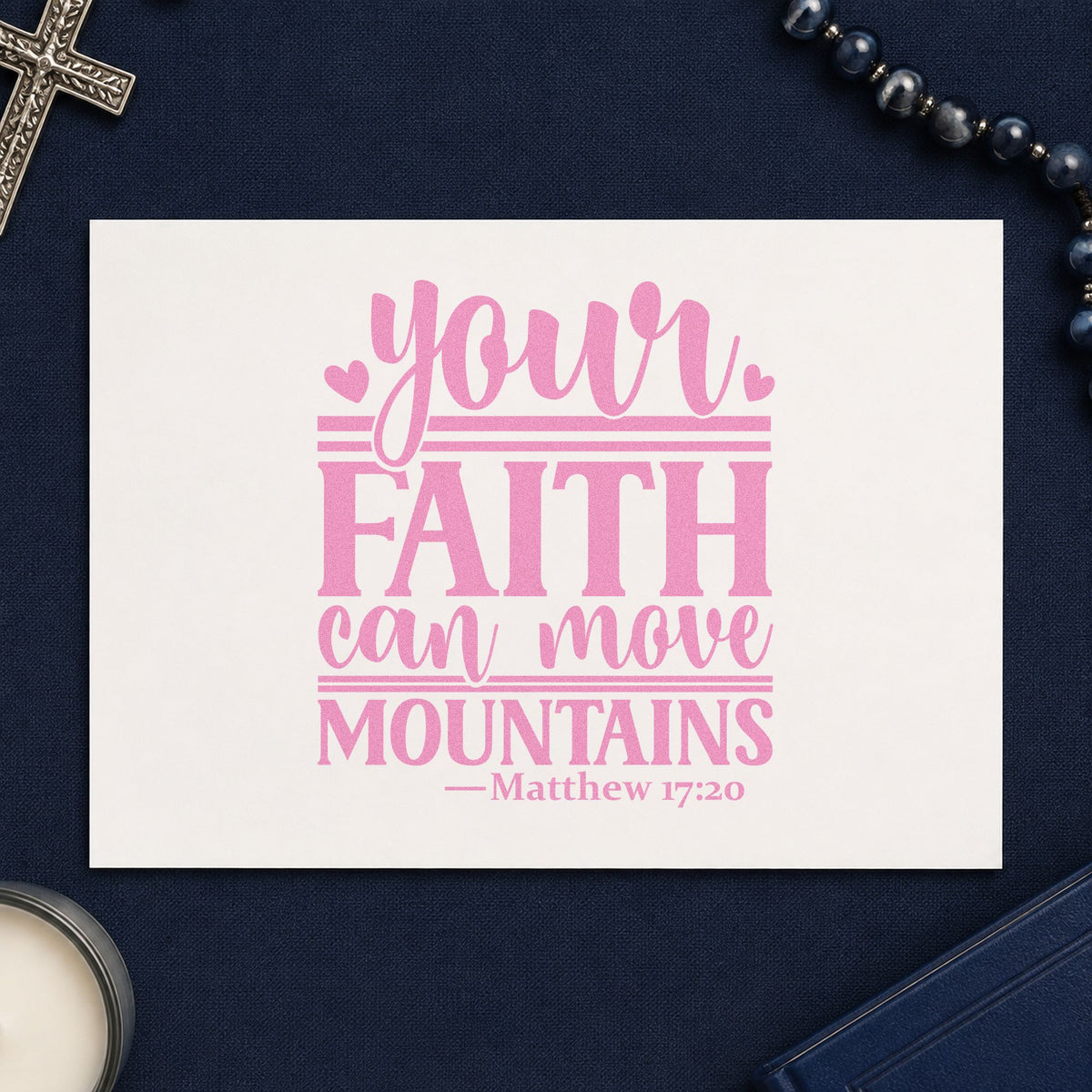 Your Faith Can Move Mountains craft stamp in purple ink on cardstock, an easy option for mustard seed favors.