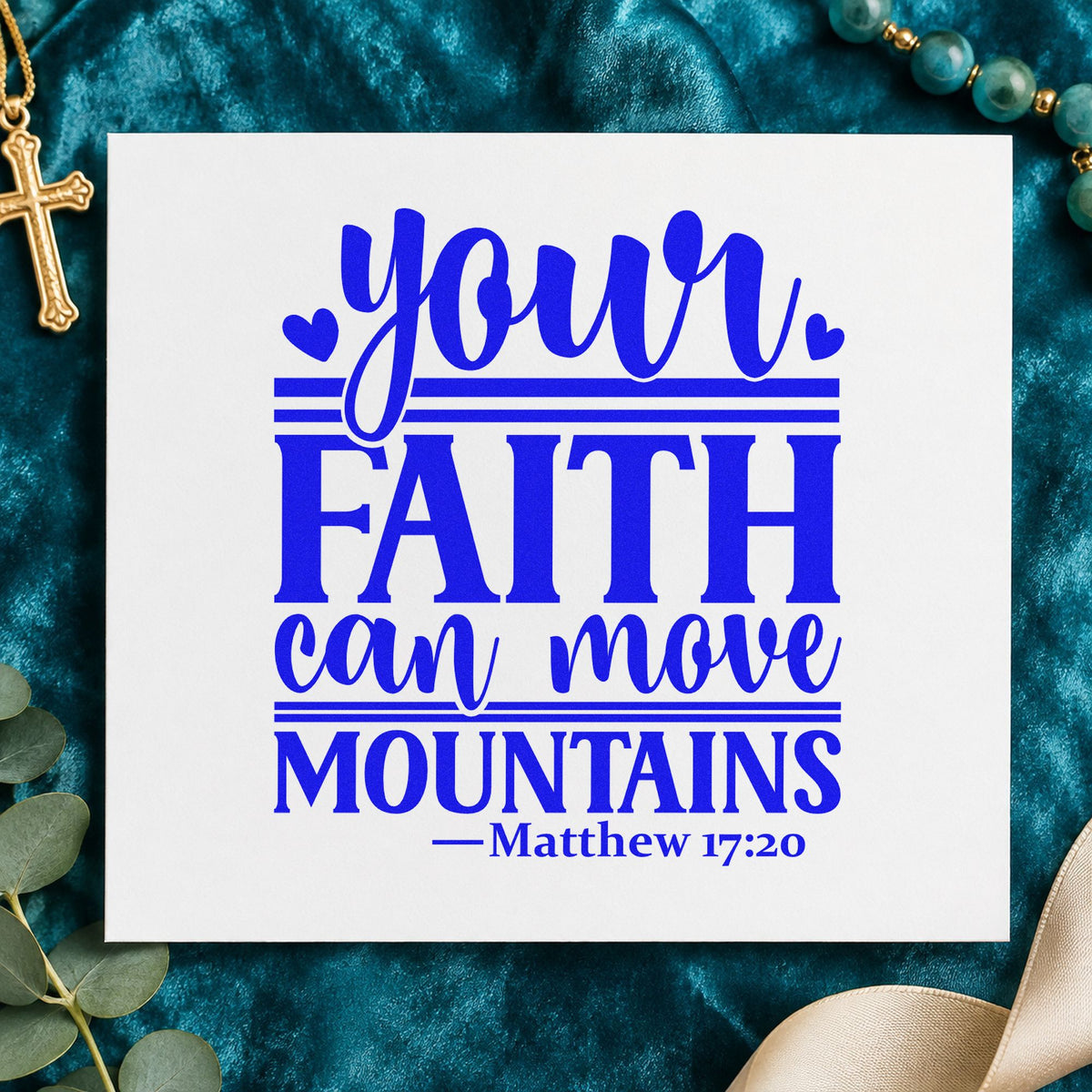 Your Faith Can Move Mountains craft stamp imprinted in blue ink on paper, a design suited to sermon series signs.