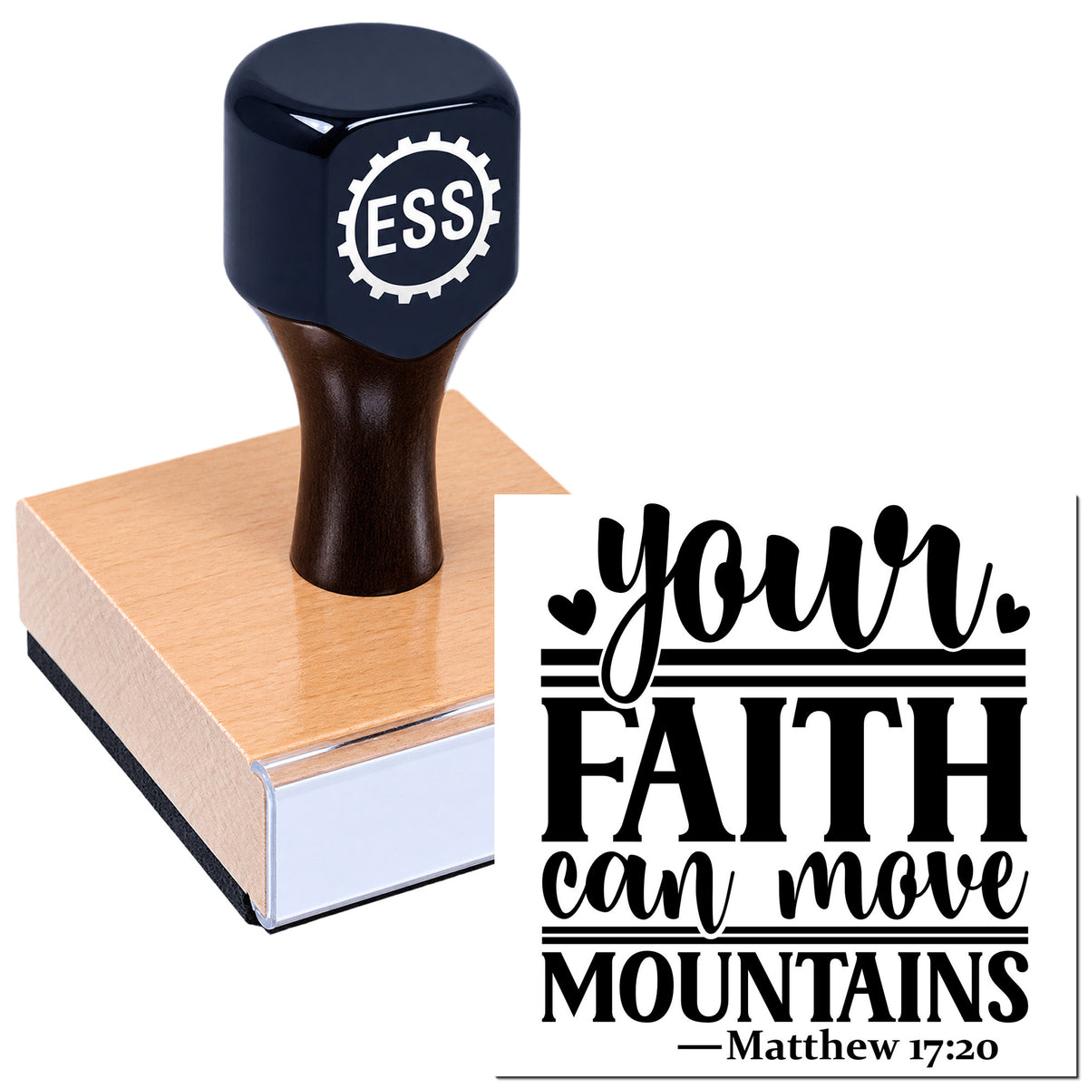 Black rubber stamp on a tan wooden seal block, featuring "your faith can move mountains" in bold black text on white.