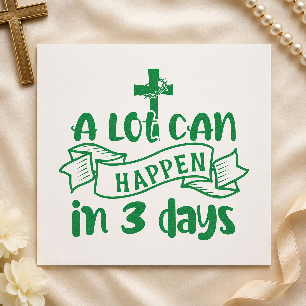 Three Days Cross Banner craft stamp imprint in green ink on a handmade project, one idea being easter basket tags.