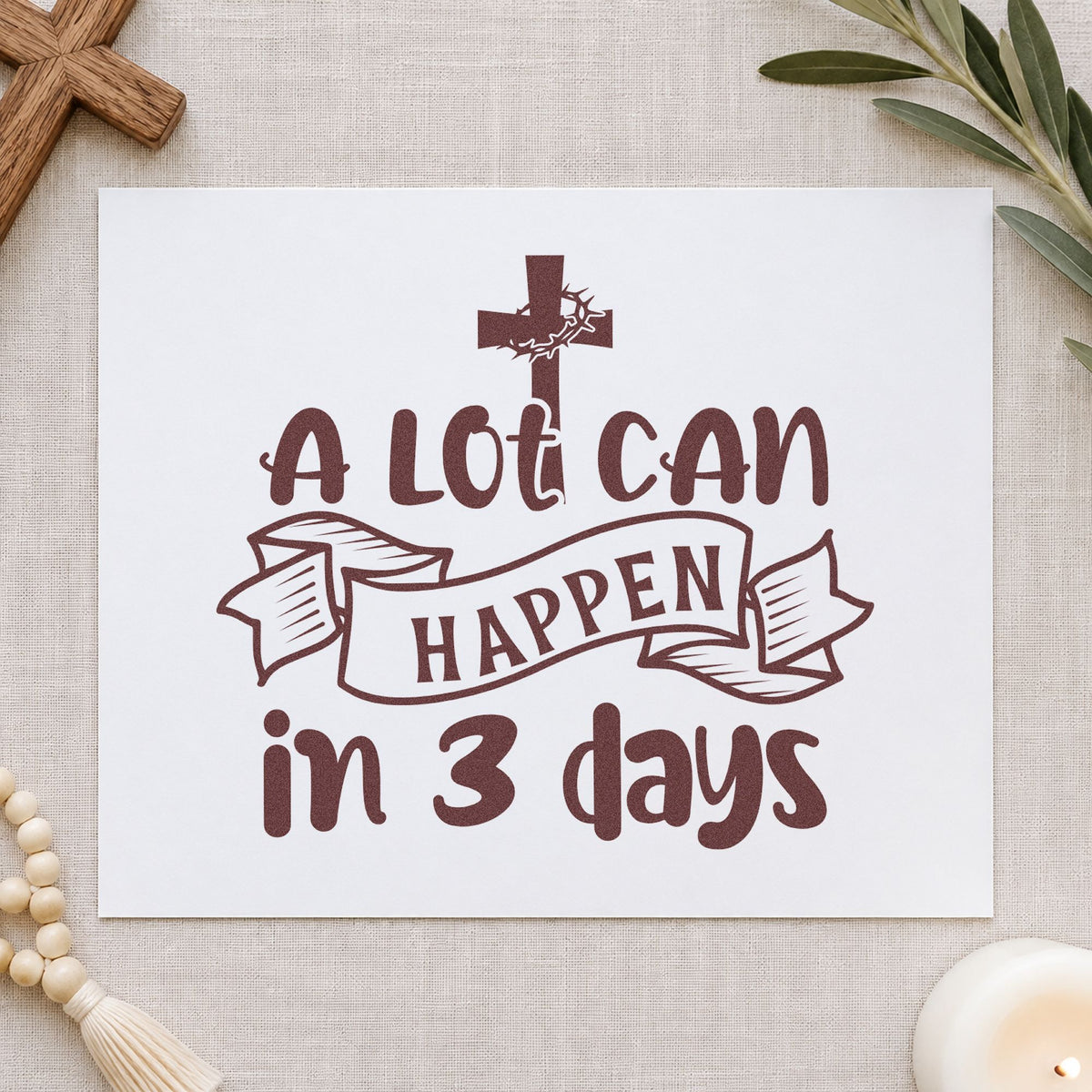 Three Days Cross Banner rubber stamp printed in brown ink, ready for resurrection pages and similar paper crafts.