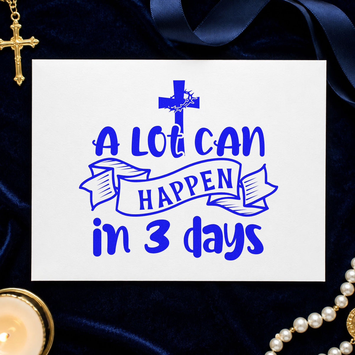 Three Days Cross Banner craft stamp in blue ink on cardstock, an easy option for canvas totes.