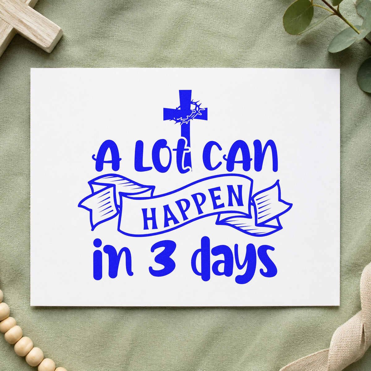 Three Days Cross Banner craft stamp imprinted in blue ink on paper, a design suited to sunday school handouts.