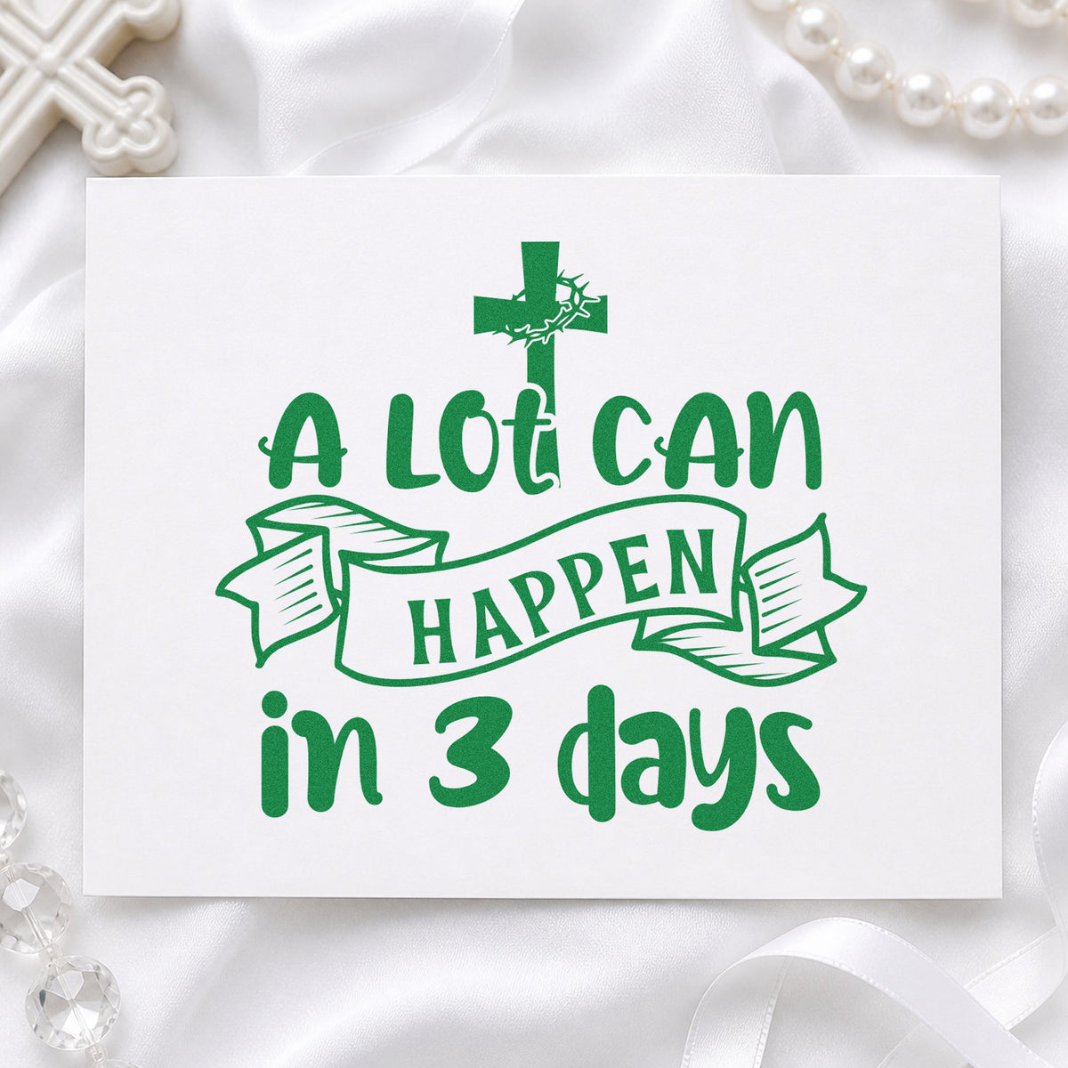 Three Days Cross Banner craft stamp imprint in green ink on a handmade project, one idea being framed spring art.
