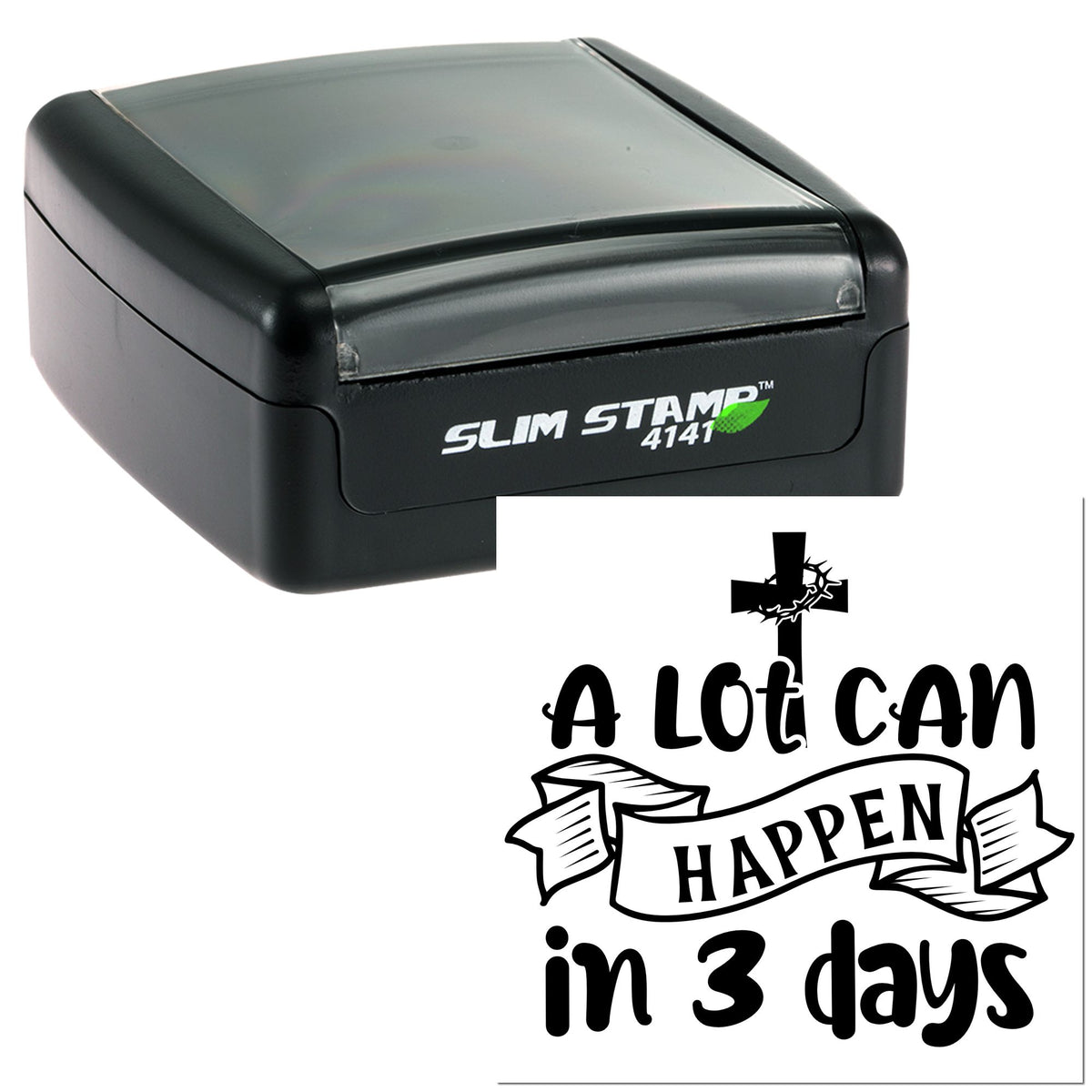 Black and gray Slim Stamp 4141 self-inking stamp and seal design with cross and A Lot Can Happen in 3 days text.