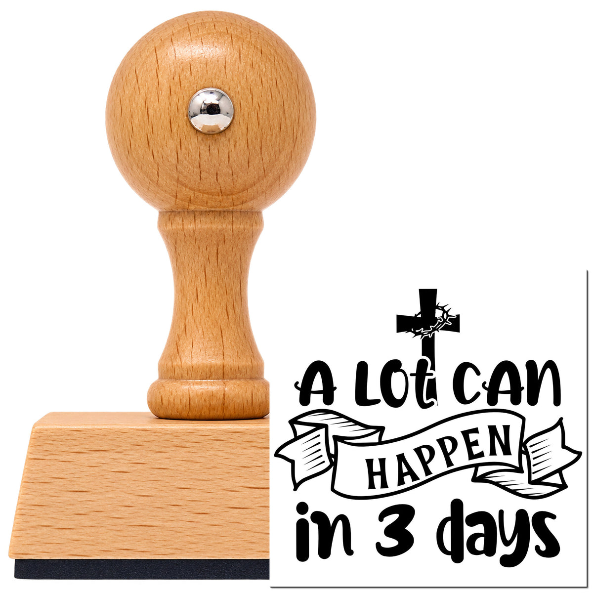 Vintage Pro beech wood stamp with a round knob handle, shown with its black Three Days Cross Banner imprint on white.