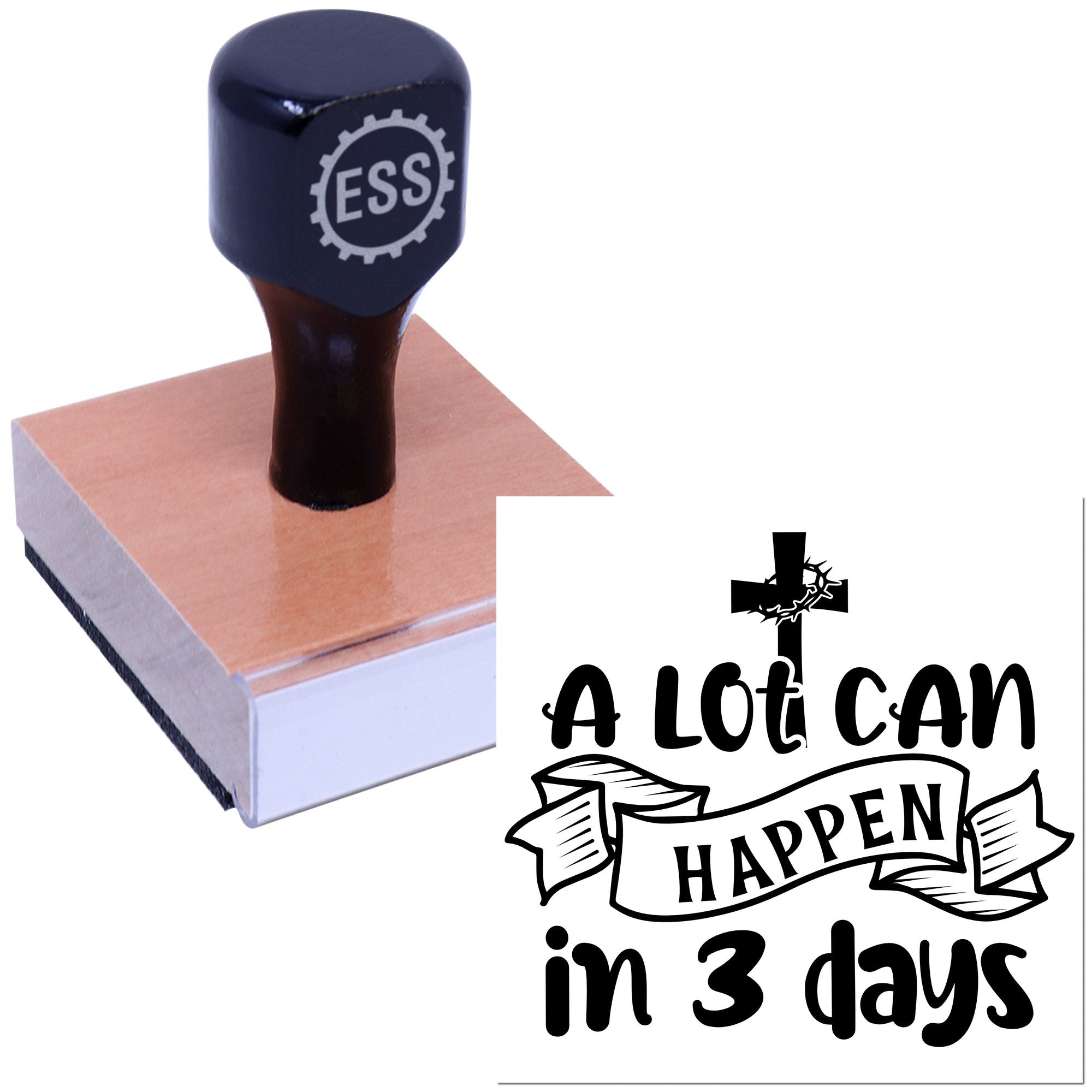 Navy ESS stamp and seal with copper base and black A Lot Can Happen in 3 Days church design.