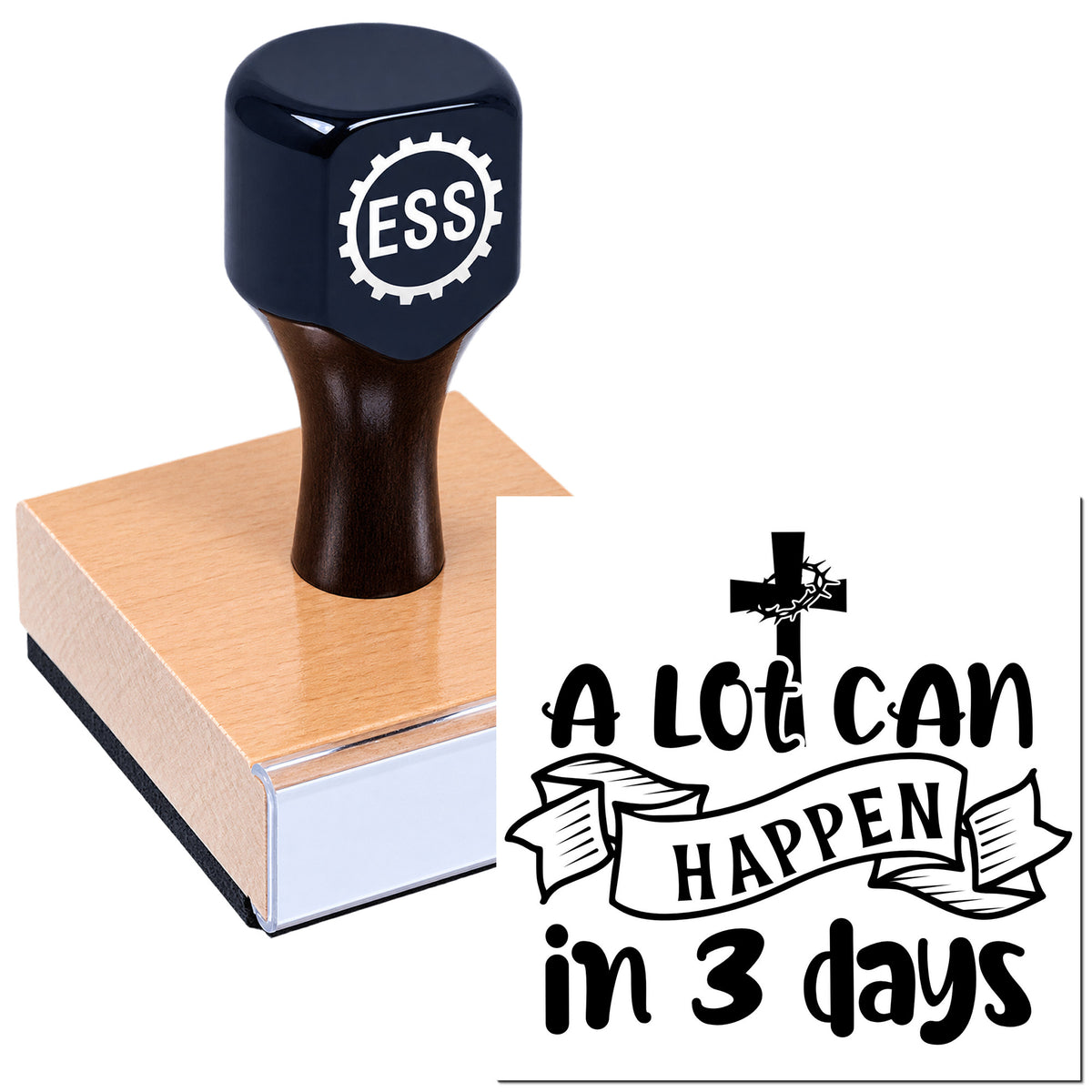 Navy ESS stamp and seal with copper base and black "A Lot Can Happen in 3 Days" church design.