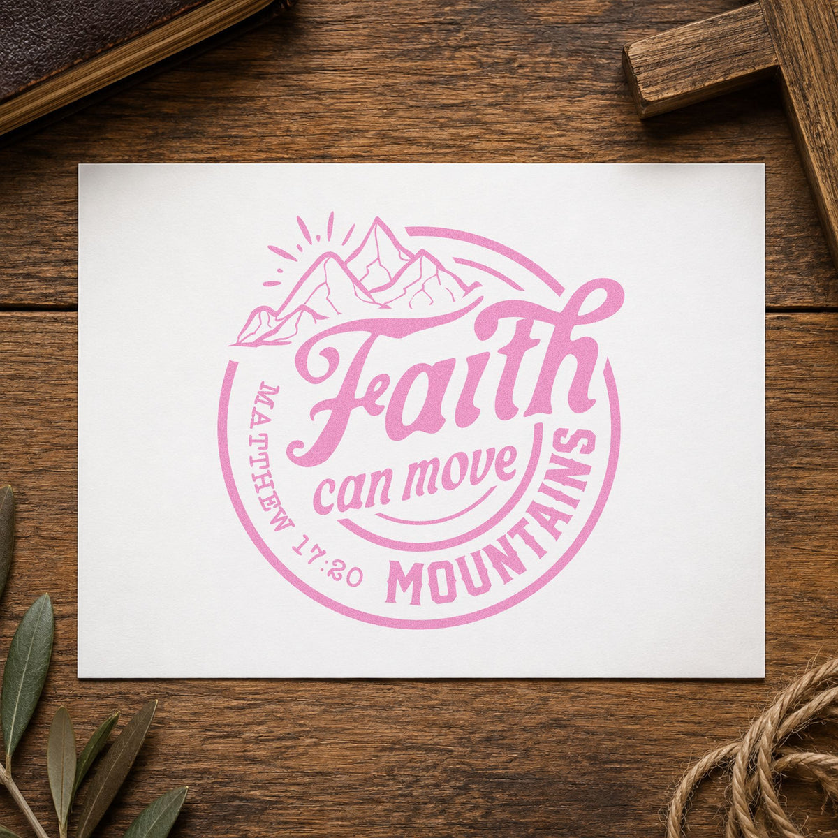 Faith Moves Mountains Circle craft stamp in purple ink on cardstock, an easy option for hiking club tees.