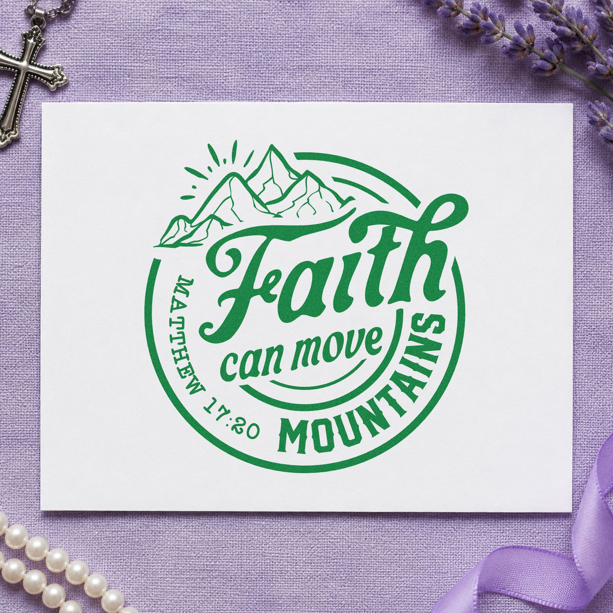 Faith Moves Mountains Circle craft stamp imprint in green ink on a handmade project, one idea being water bottle labels.