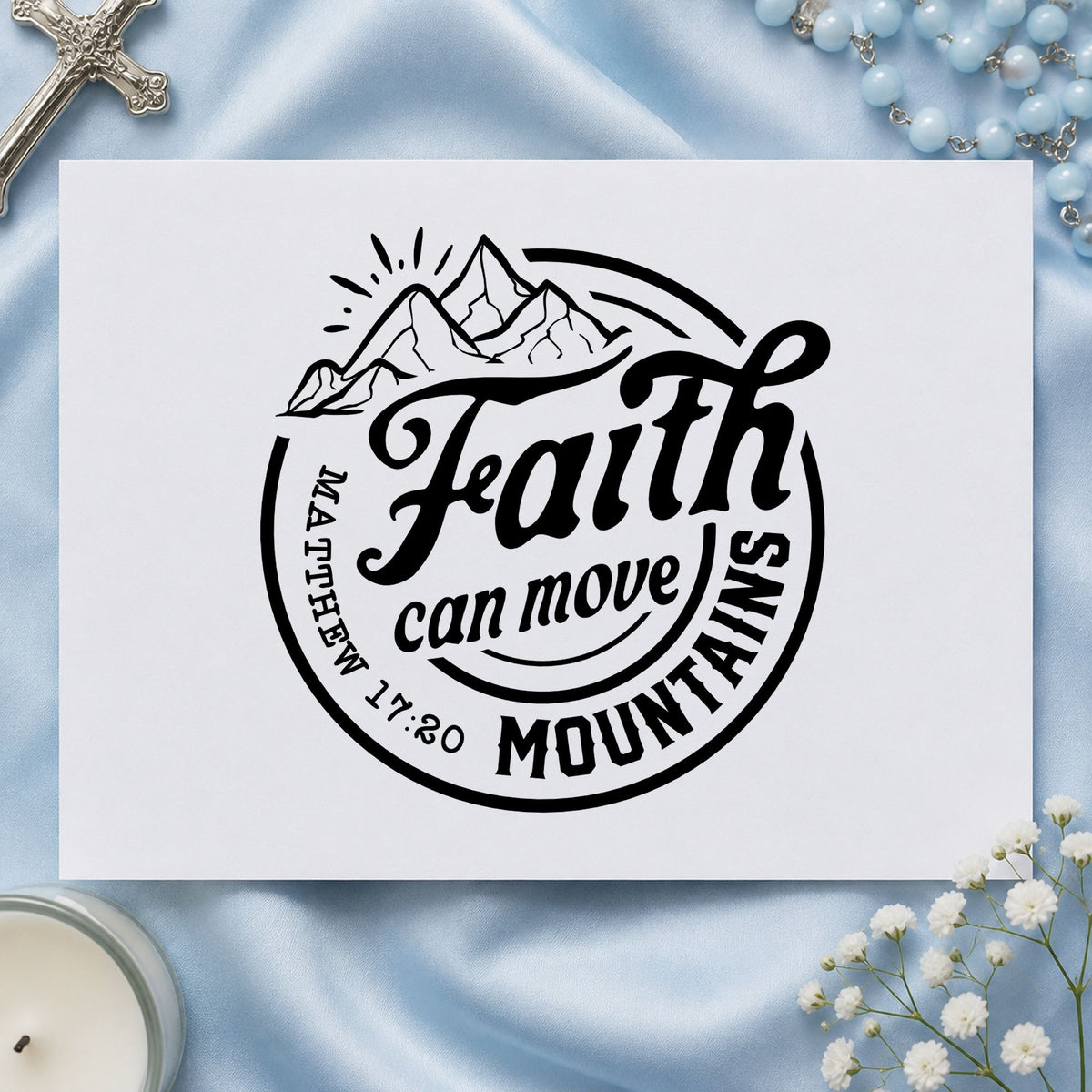Faith Moves Mountains Circle rubber stamp printed in black ink, ready for peak circle cards and similar paper crafts.
