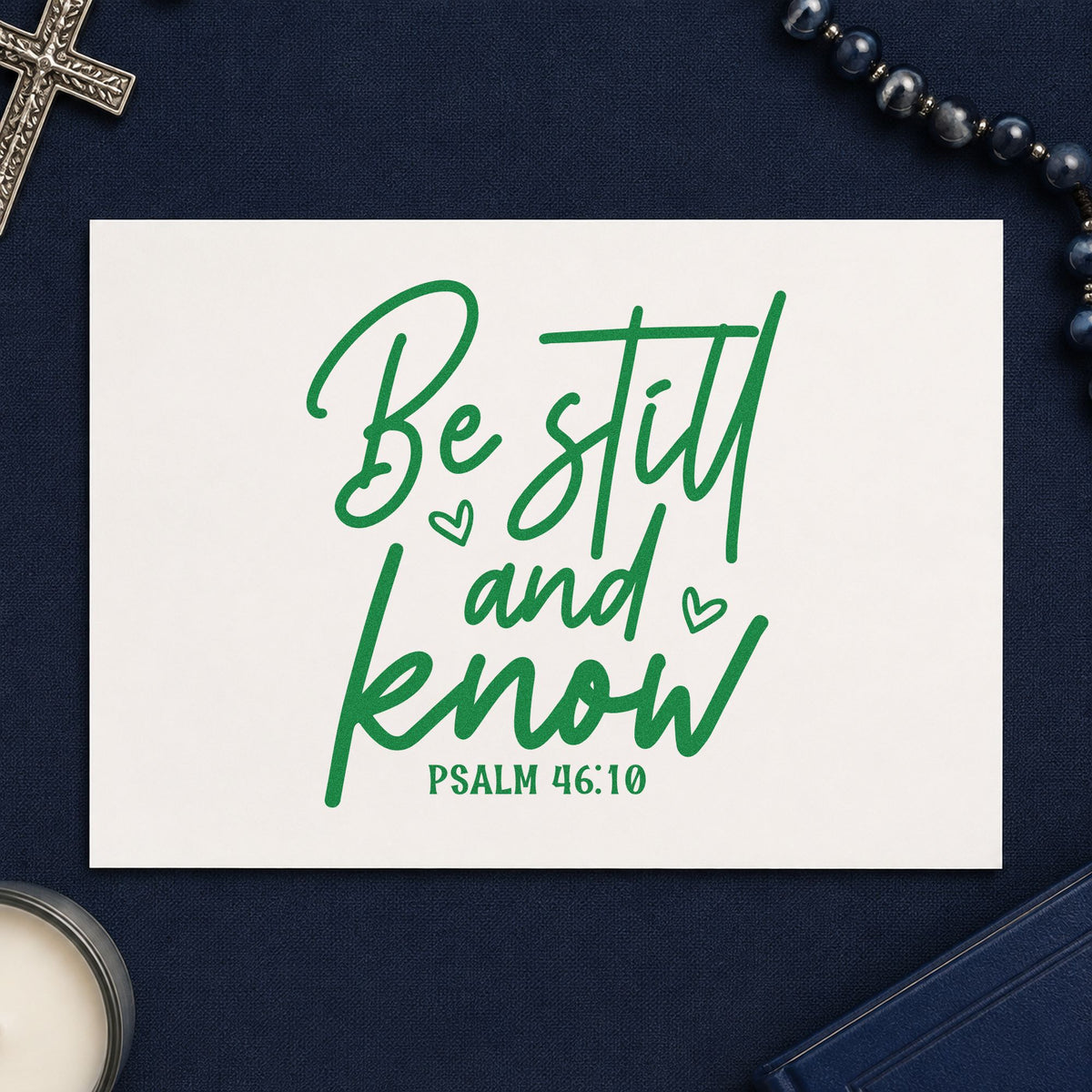 Be Still and Know Script craft stamp imprint in green ink on a handmade project, one idea being spa gift tags.