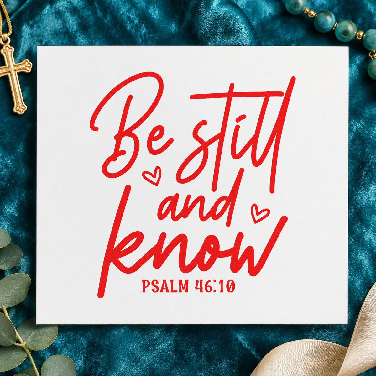 Be Still and Know Script rubber stamp shown in red ink, stamped for projects such as journal cover stamping.