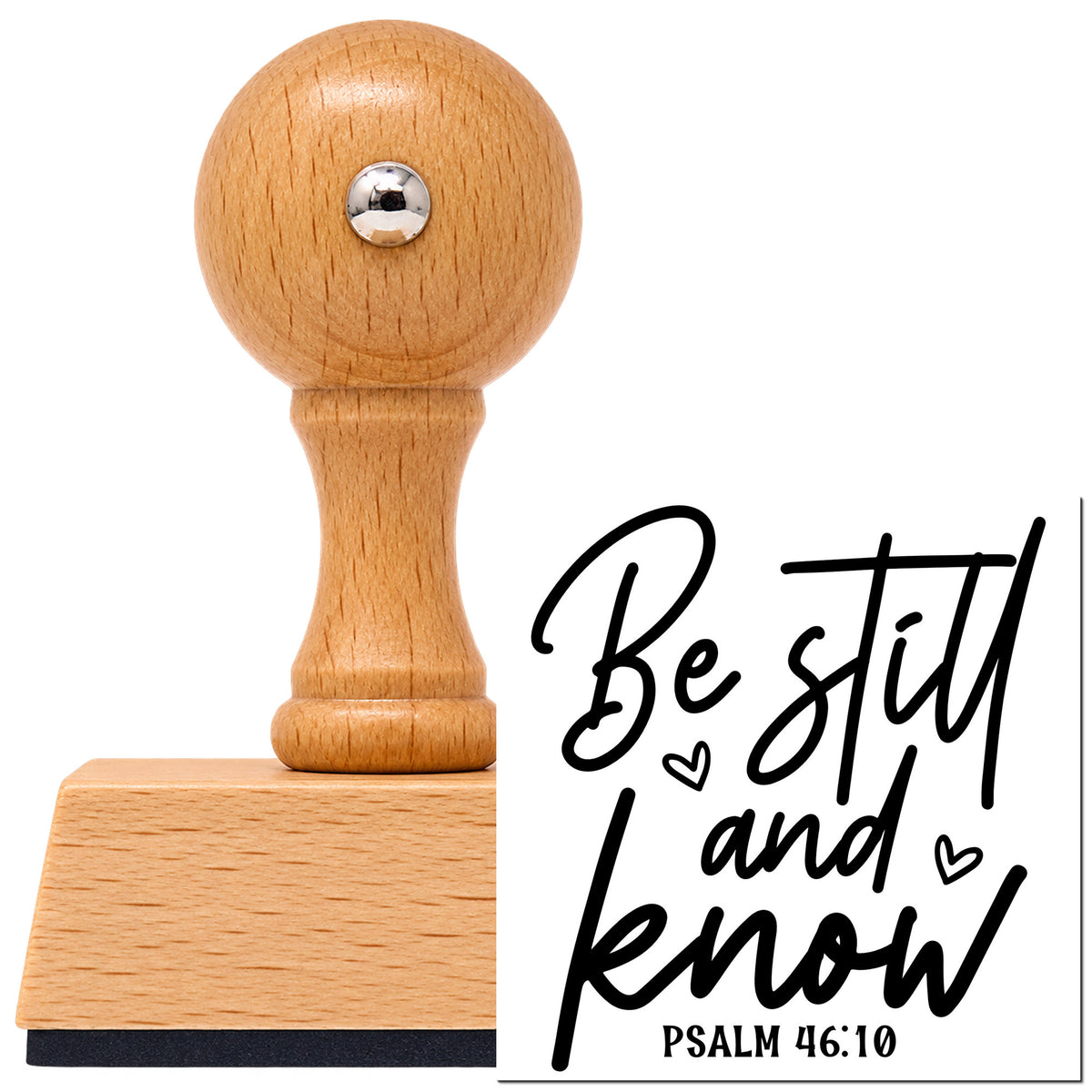 Vintage Pro beech wood stamp with a round knob handle, shown with its black Be Still And Know Script imprint on white.
