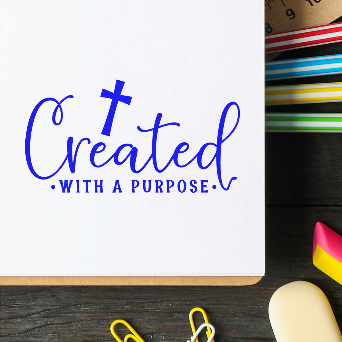 Blue Created with a Purpose stamp on white paper, with colorful seal swatches on a dark wood table.
