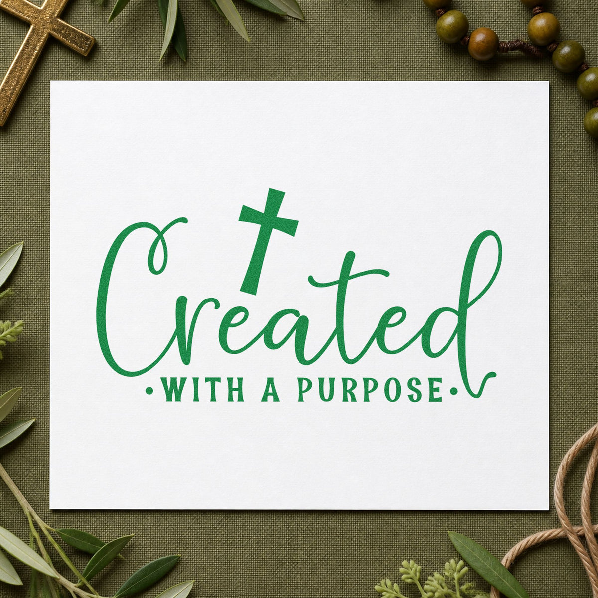 Created with a Purpose Script craft stamp imprint in green ink on a handmade project, one idea being youth camp tees.
