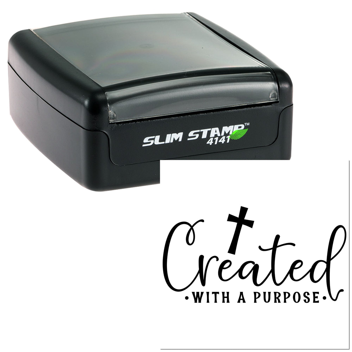 Black self-inking Slim Stamp 4141 with white Created with a purpose seal design on a white background.