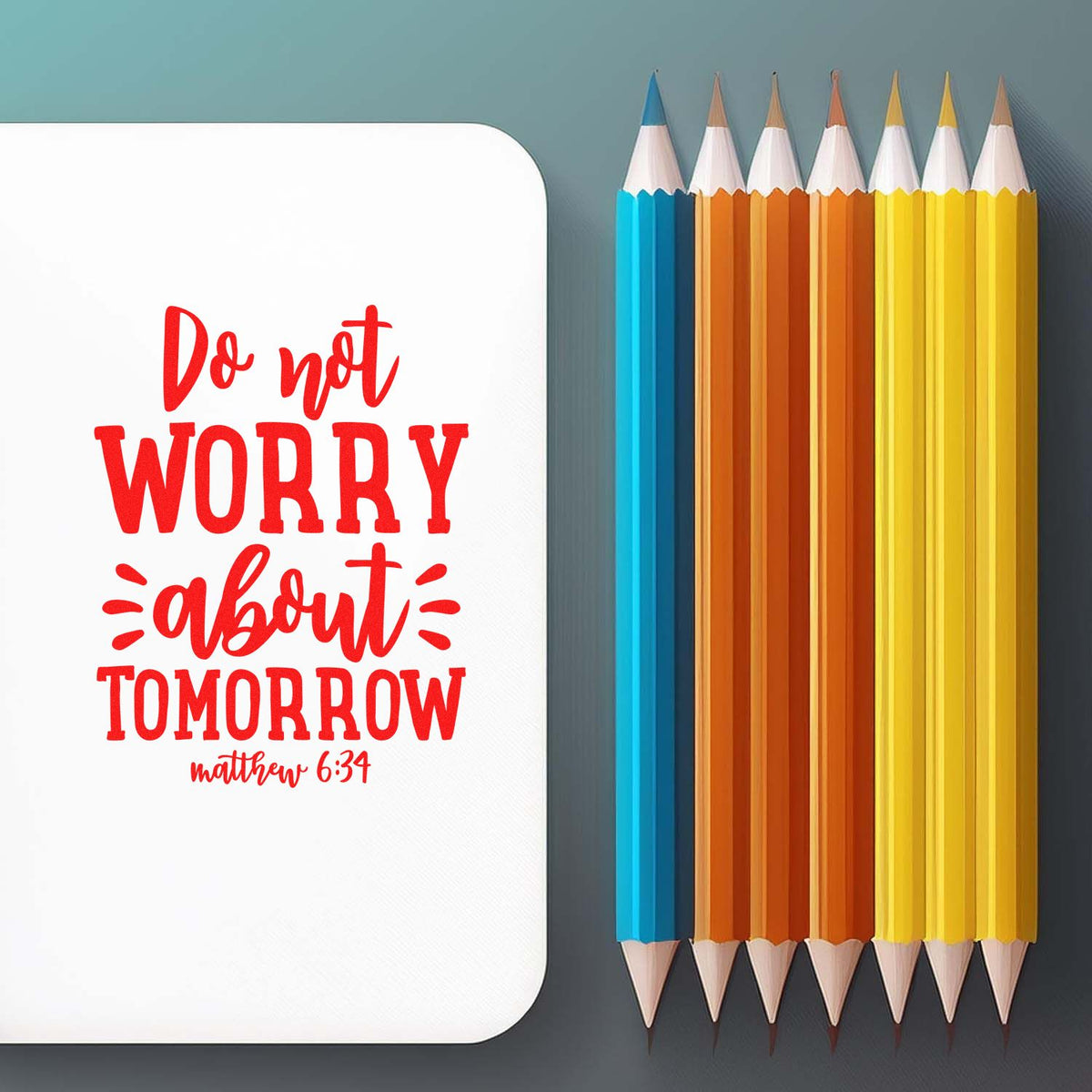 Red Christian stamp and seal design with Do not worry about tomorrow on white card, beside blue, orange, yellow pencils.