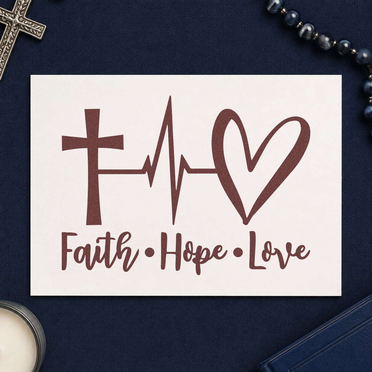 Faith Hope Love Heartbeat rubber stamp printed in brown ink, ready for medical mission pages and similar paper crafts.