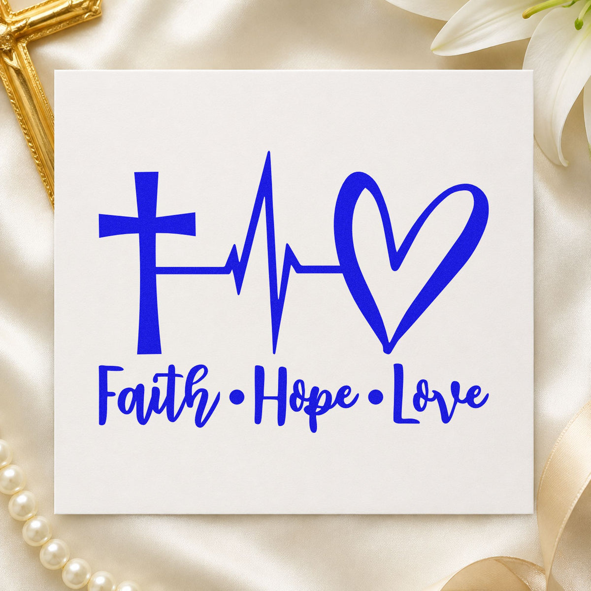 Faith Hope Love Heartbeat craft stamp in blue ink on cardstock, an easy option for scrub tote bags.