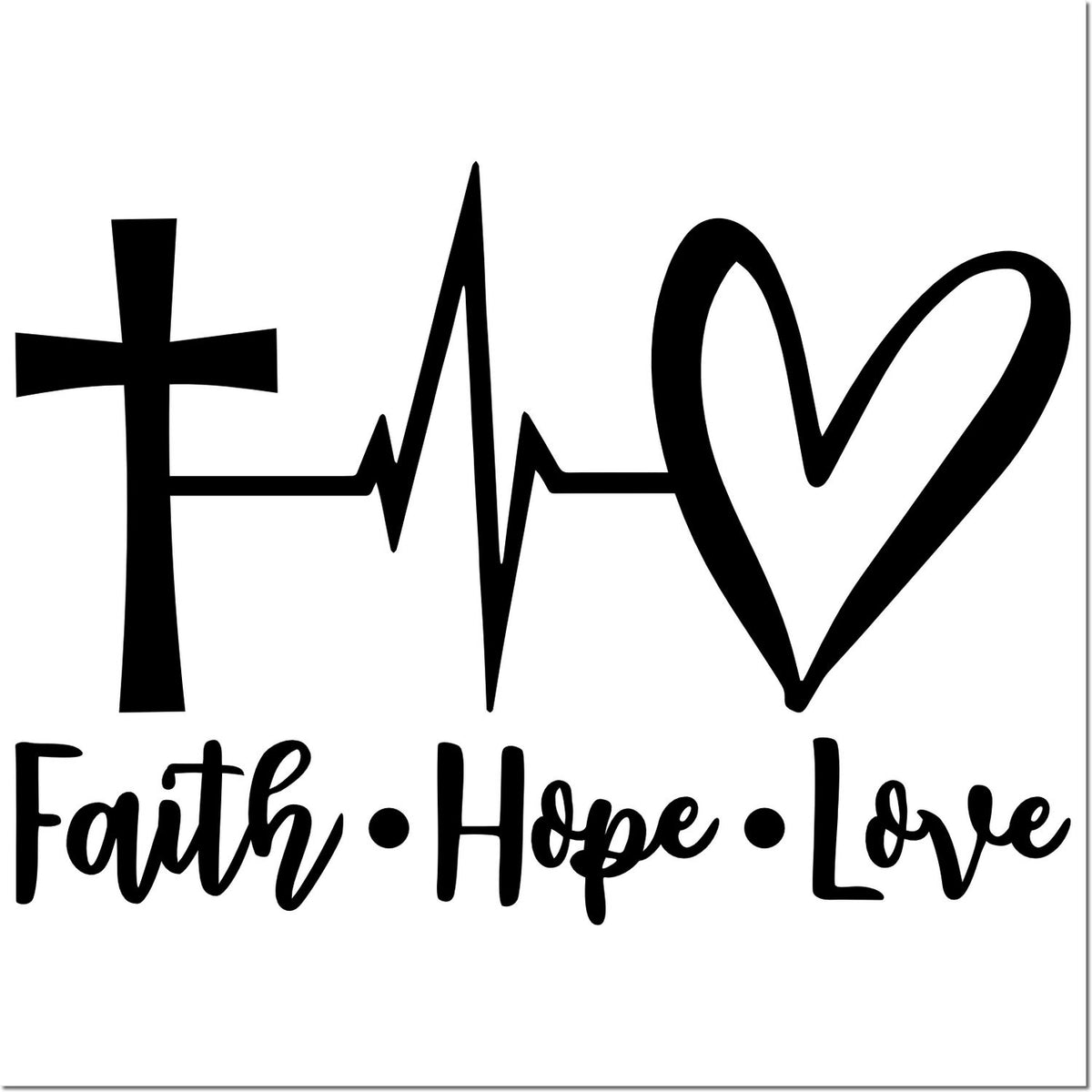 Black Faith Hope Love stamp design with cross, heartbeat line, and heart in bold black on white.