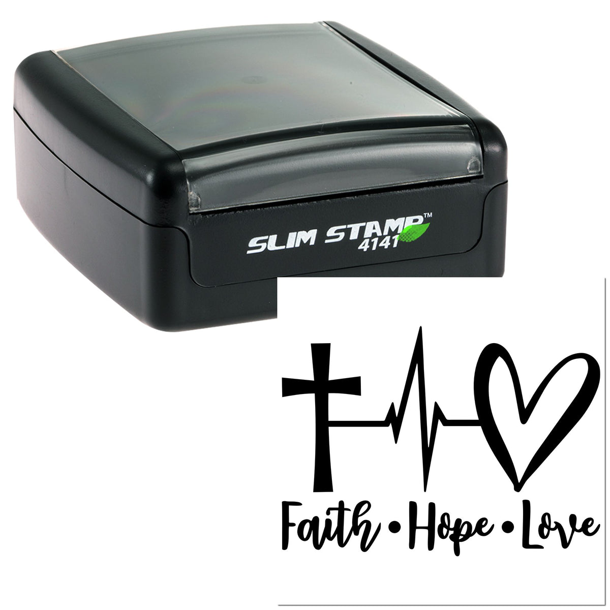 Black Slim Stamp self-inking seal with Faith Hope Love design, cross, heartbeat line and heart on white background.