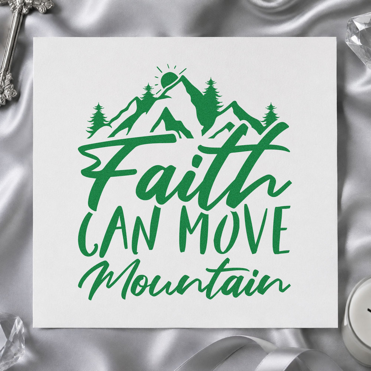 Faith Can Move a Mountain craft stamp imprint in green ink on a handmade project, one idea being church camp tees.