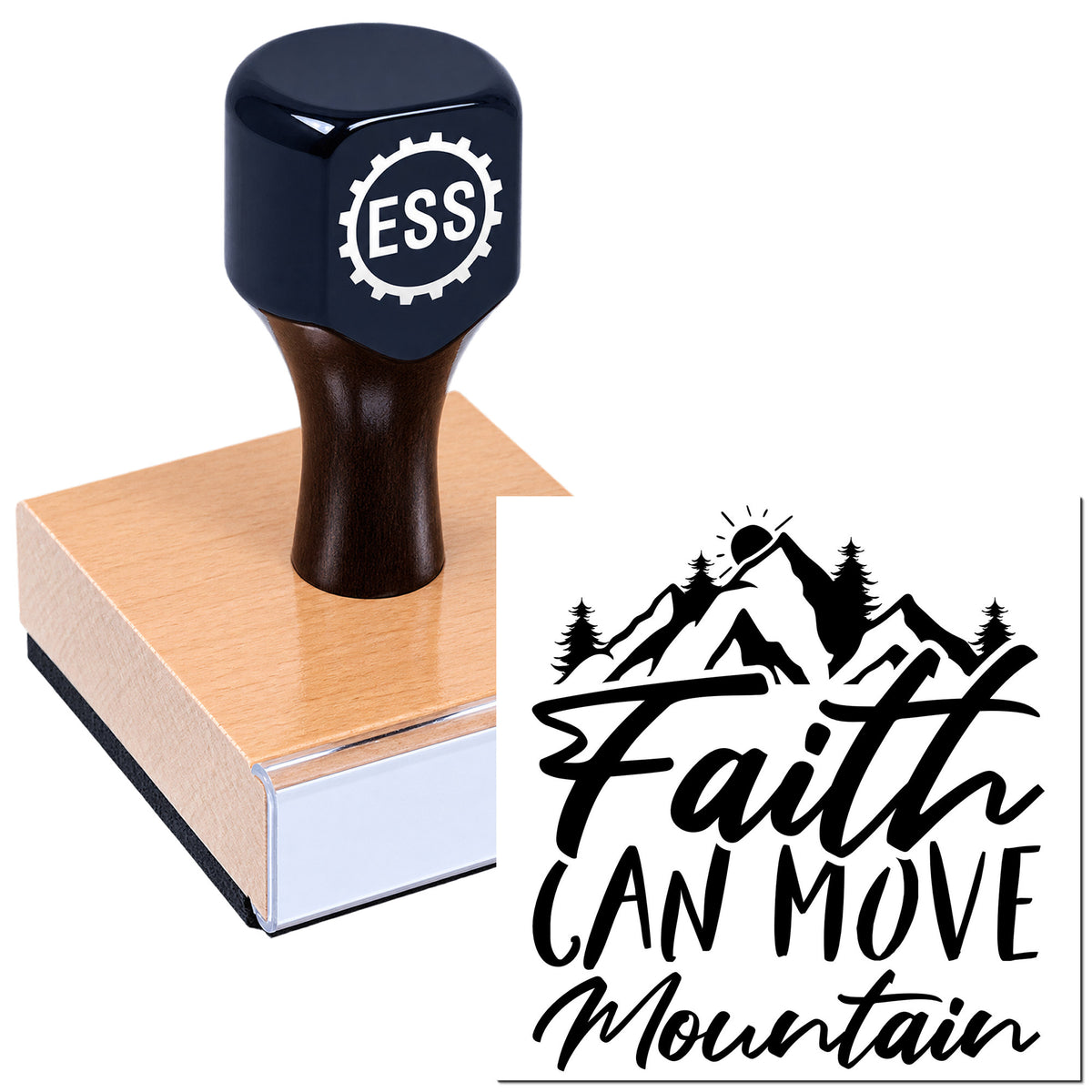 Navy ESS rubber stamp on copper-toned block, with black mountain seal reading Faith Can Move Mountain.