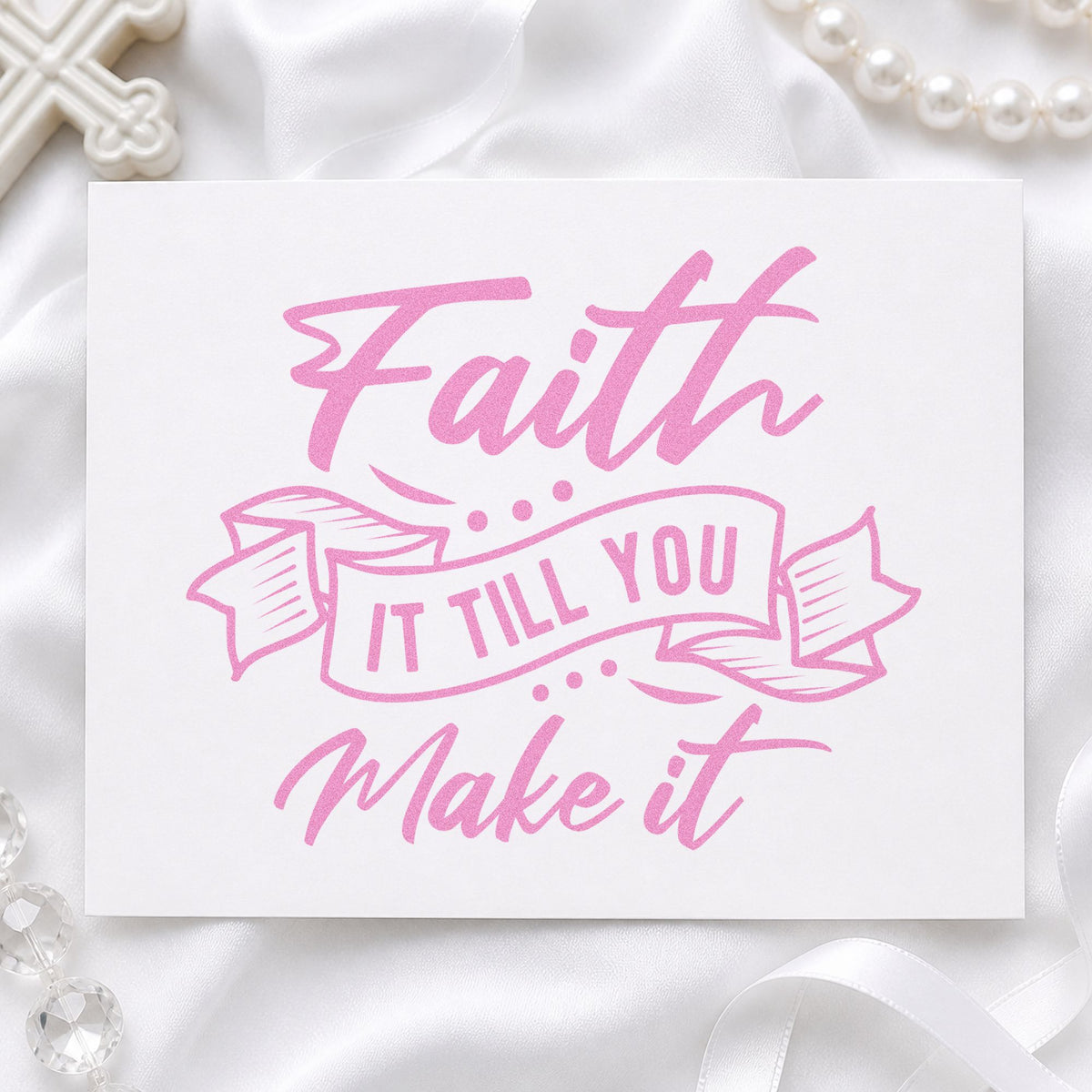 Faith Till You Make It craft stamp in purple ink on cardstock, an easy option for new job gifts.