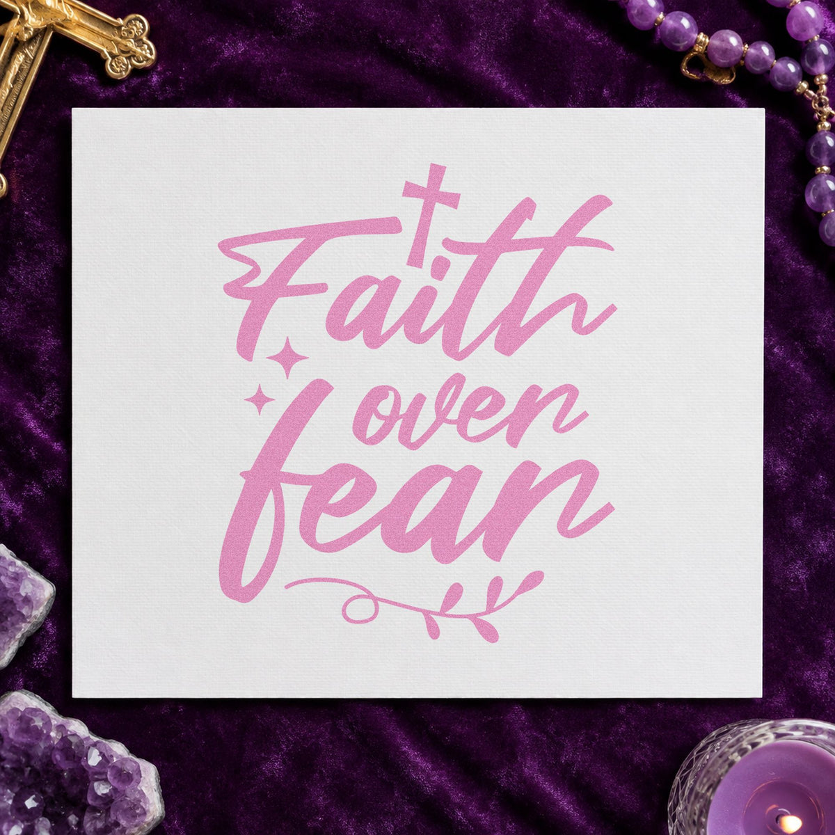 Faith over Fear Flourish craft stamp in purple ink on cardstock, an easy option for surgery care tags.