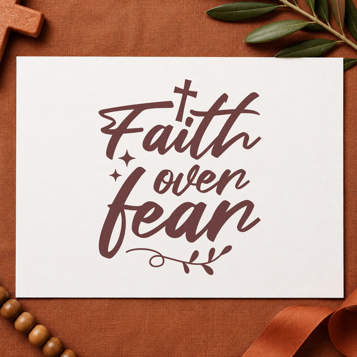 Faith over Fear Flourish rubber stamp printed in brown ink, ready for brave moment pages and similar paper crafts.