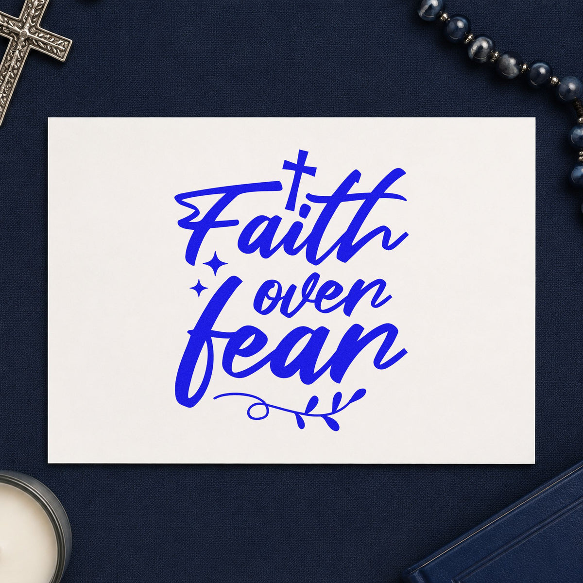 Faith over Fear Flourish craft stamp in blue ink on cardstock, an easy option for canvas totes.