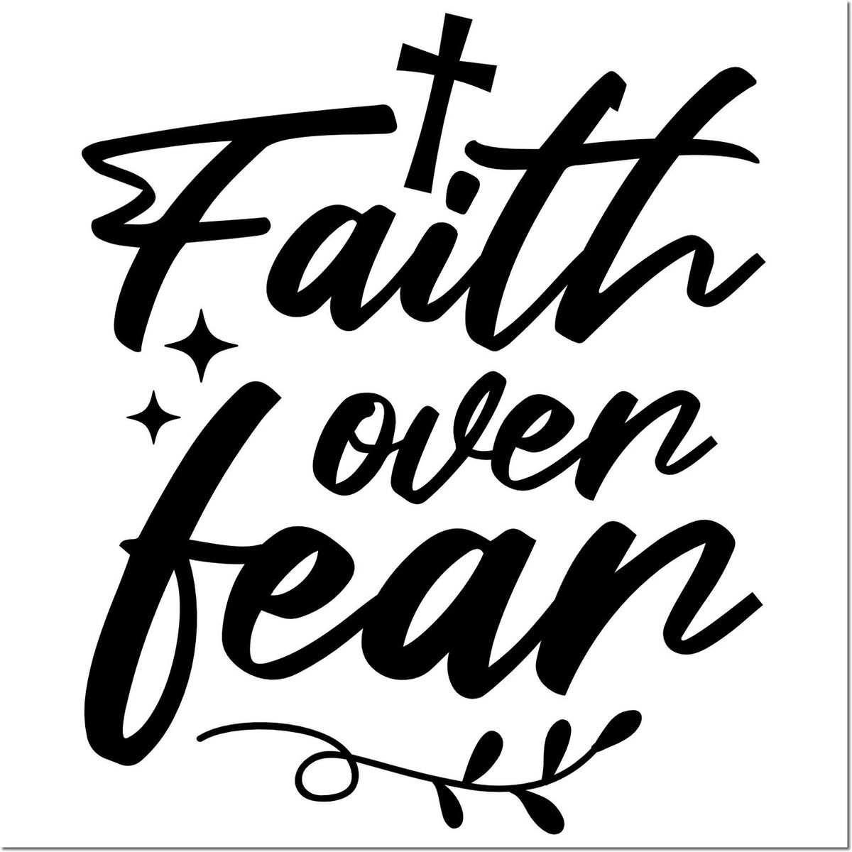Black Faith Love Jean stamp/seal design with cross, sparkles, and leaf flourish on white background.