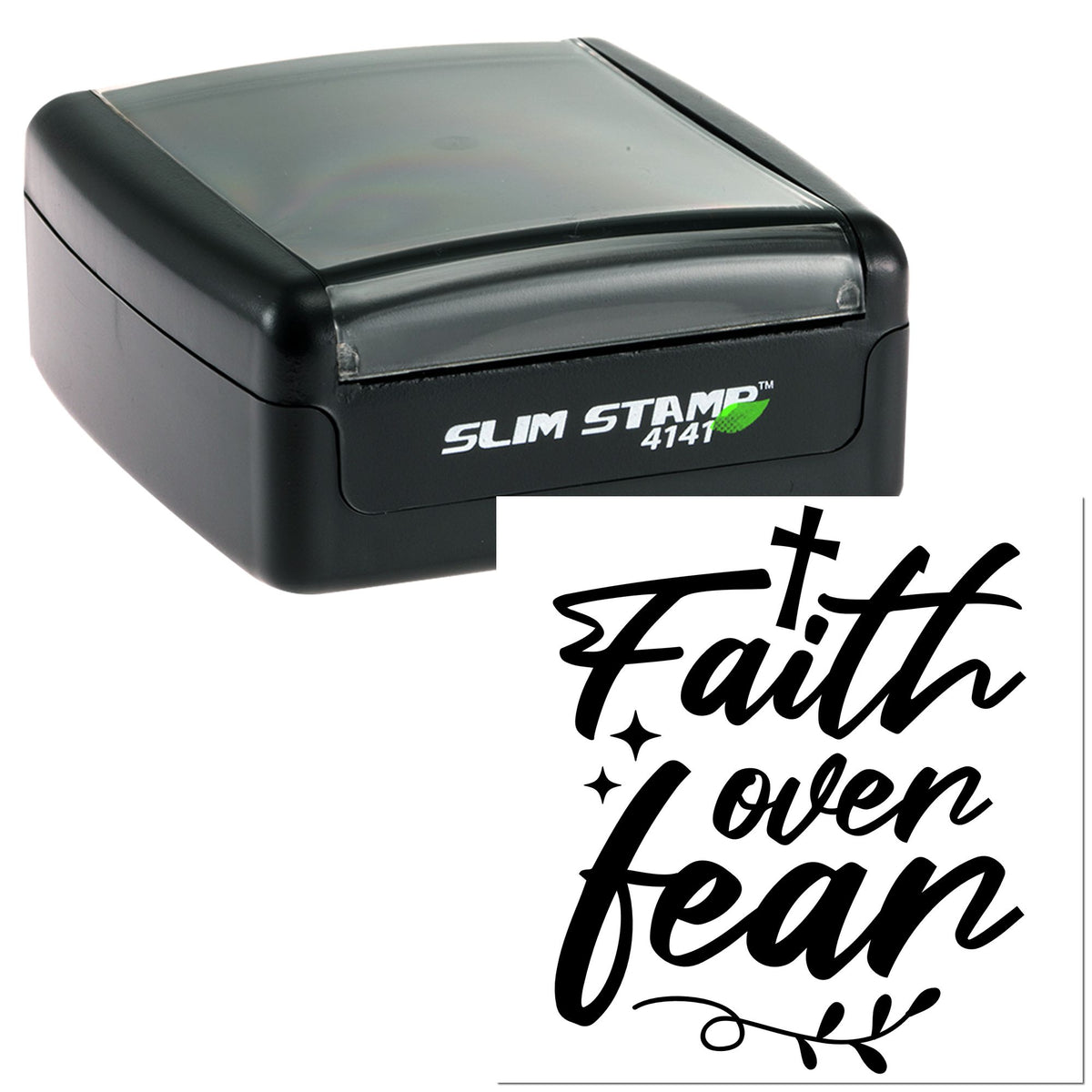 Black Slim Stamp self-inking seal with white Faith Love Bean script, stars, and leaf flourish on a white background.