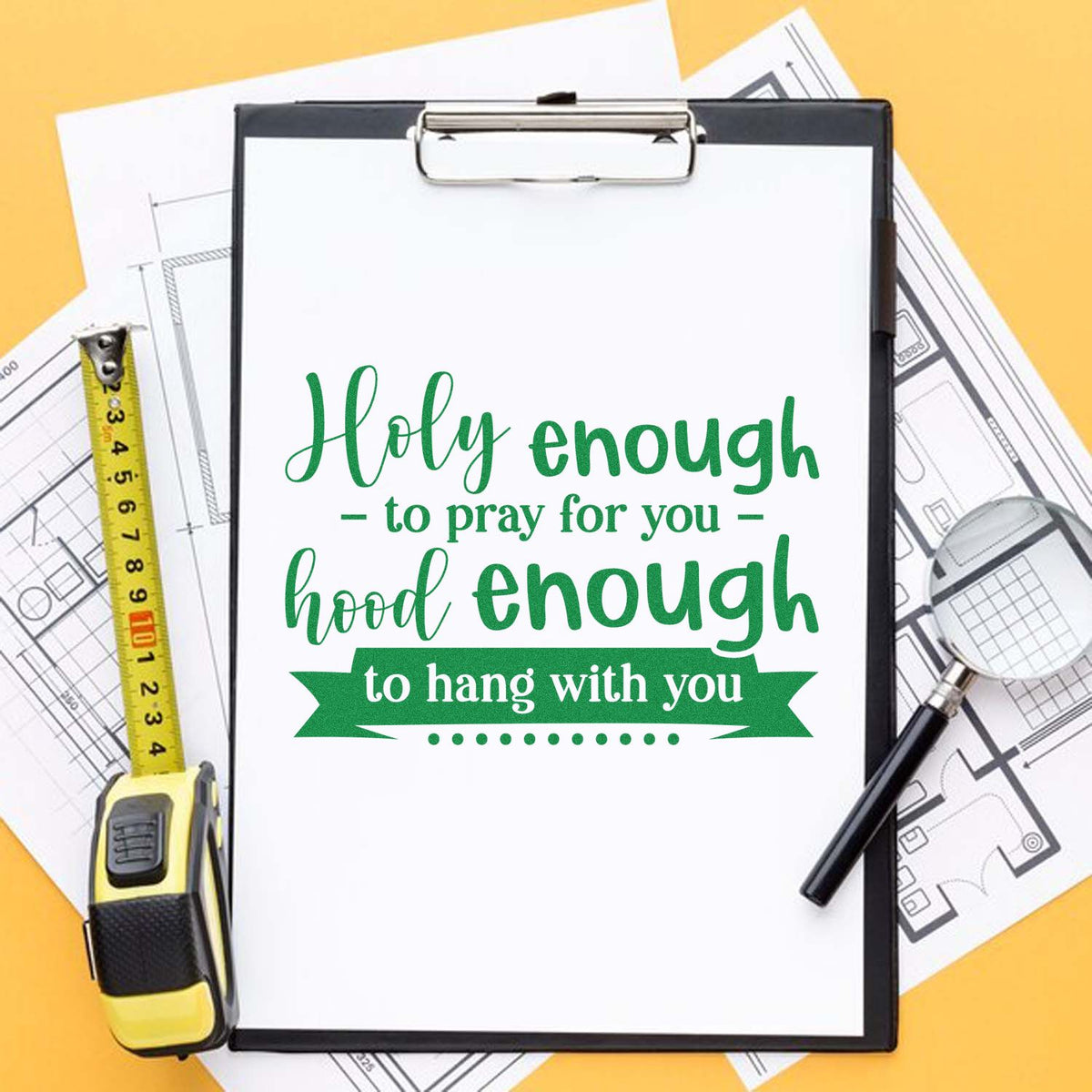 Green custom stamp and seal design on clipboard with tape measure, floor plans, and magnifying glass on yellow background.