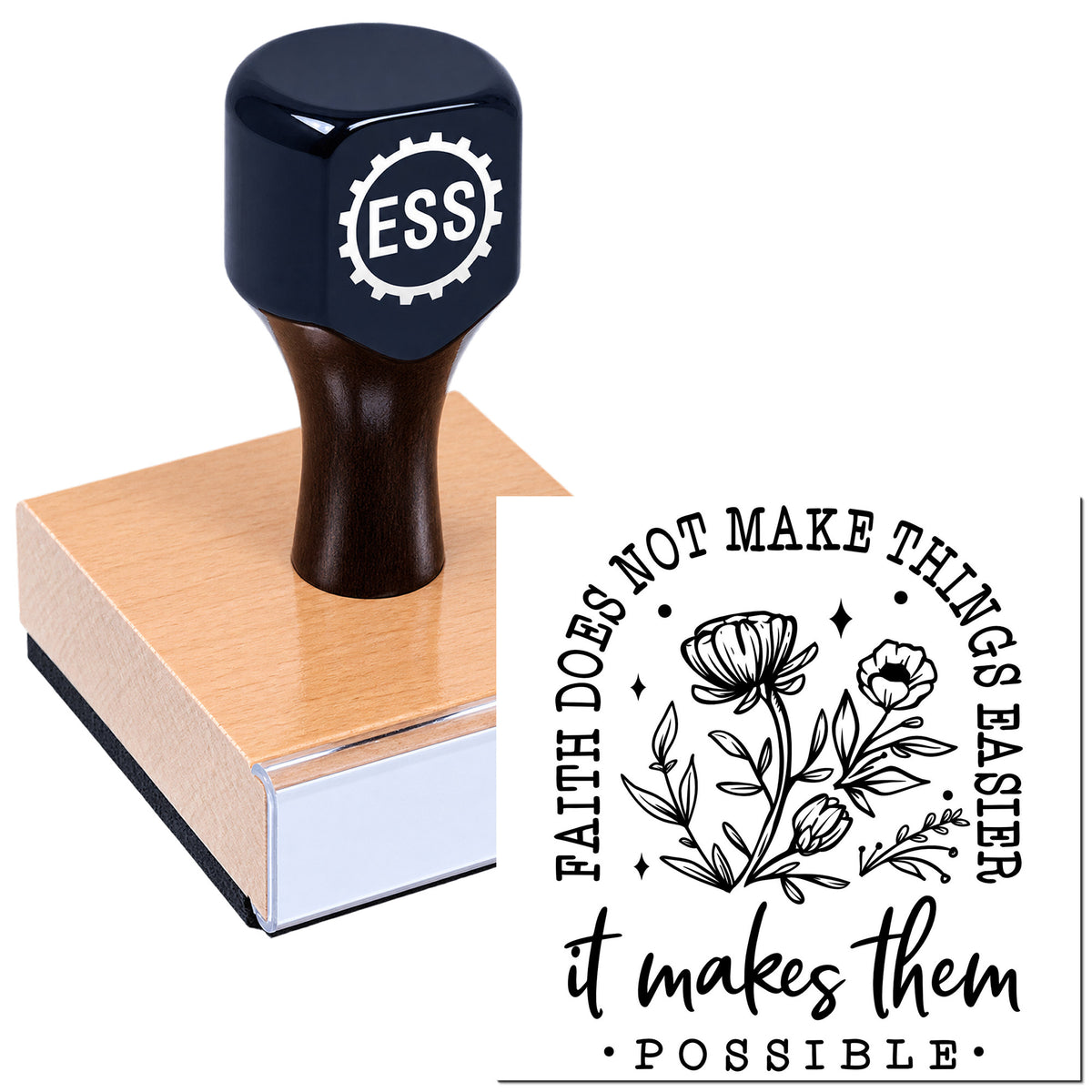 Navy ESS rubber stamp on wood block, with black floral seal reading "it makes them possible"