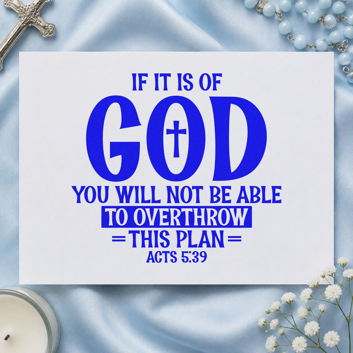 If It Is of God craft stamp in blue ink on cardstock, an easy option for canvas totes.
