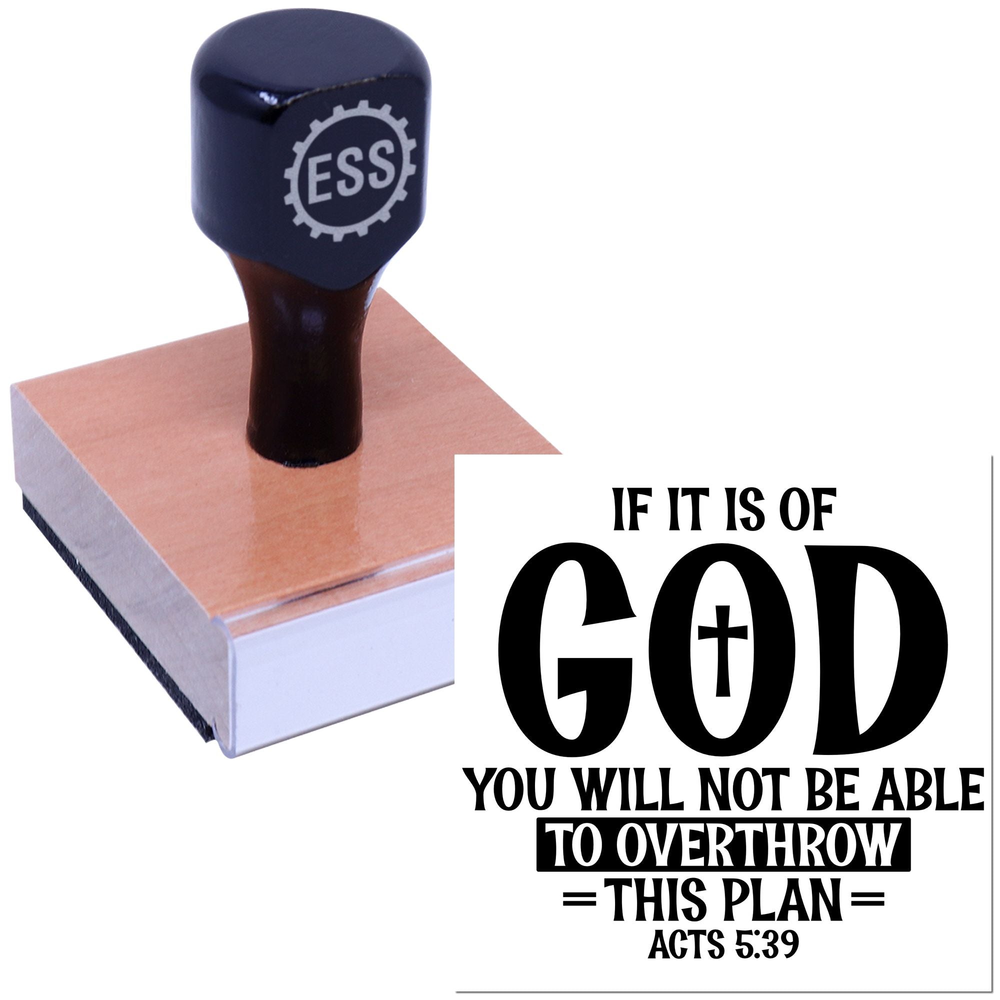 Dark blue ESS seal stamp on a block, beside bold black Christian text: If it is of God Acts 5:39.