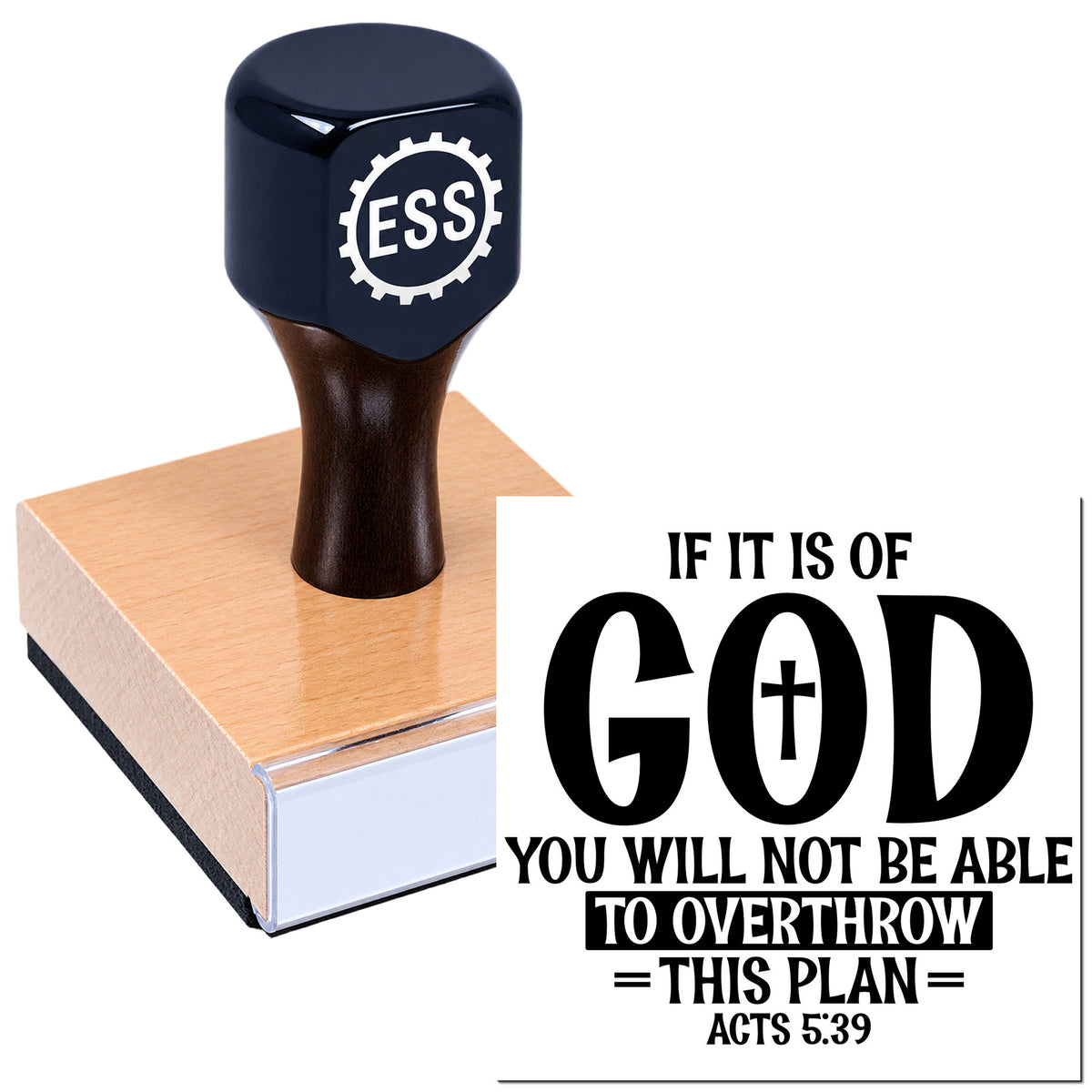 Dark blue ESS seal stamp on a block, beside bold black Christian text: "If it is of God... Acts 5:39."