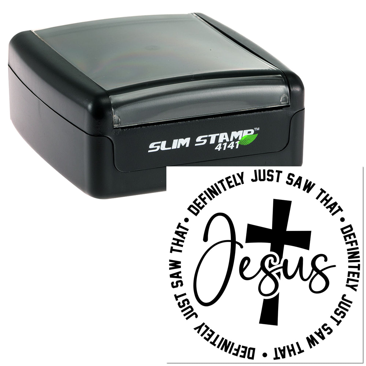 Black Slim Stamp self-inking stamp with clear cap and circular Jesus seal design on a white background