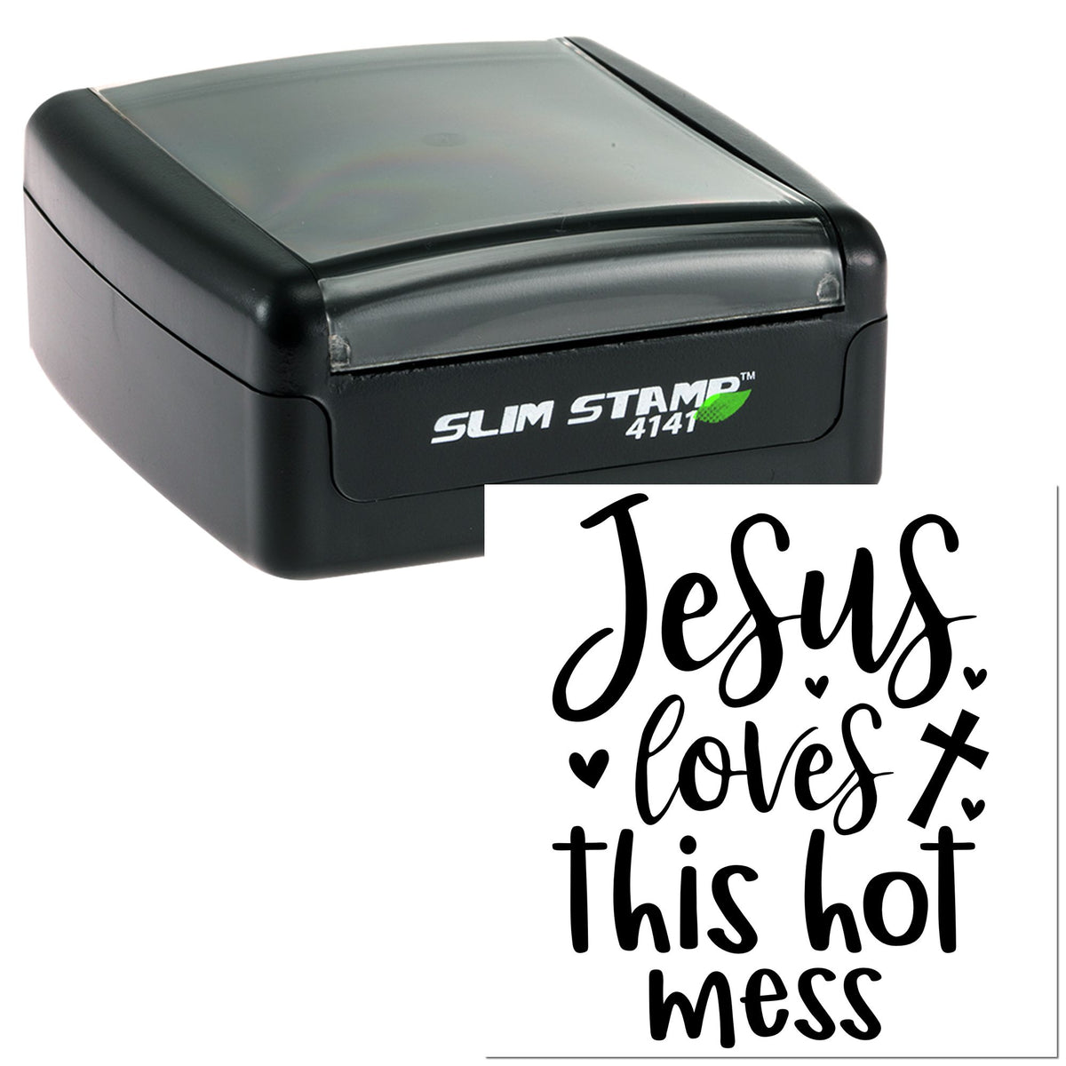 Black slim self-inking stamp with gray cover, showing a Jesus loves this hot mess seal in black with hearts and cross.