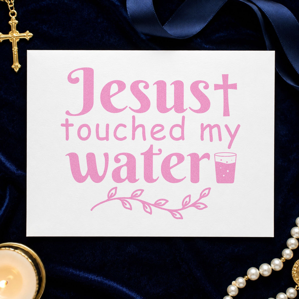 Jesus Touched My Water craft stamp in purple ink on cardstock, an easy option for wine bottle tags.