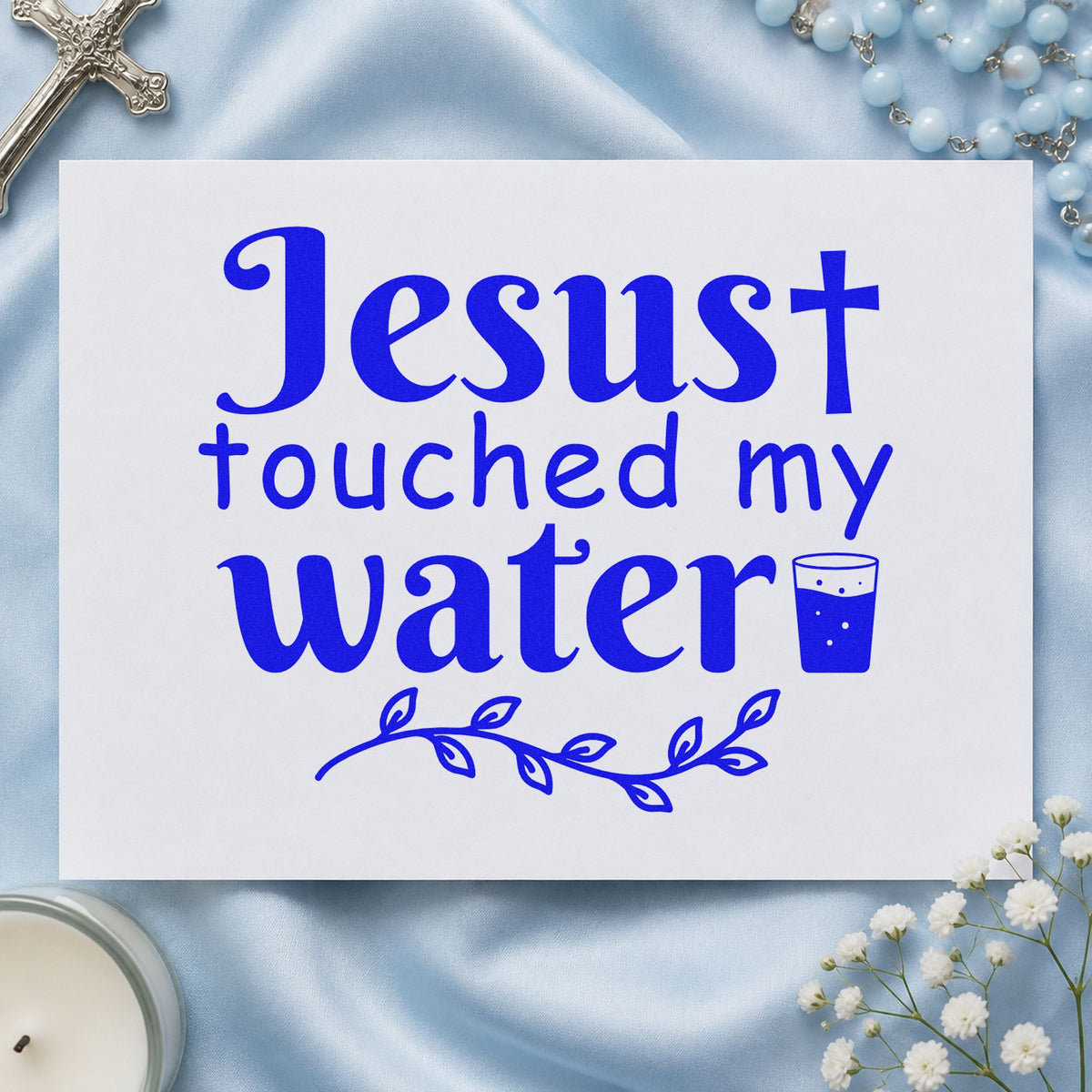 Jesus Touched My Water craft stamp imprinted in blue ink on paper, a design suited to book club invites.