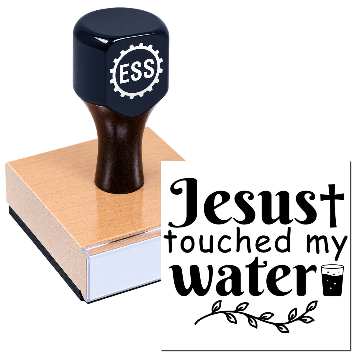 Dark blue custom stamp and seal with ESS logo on a wooden block, showing black "Jesus touched my water" text