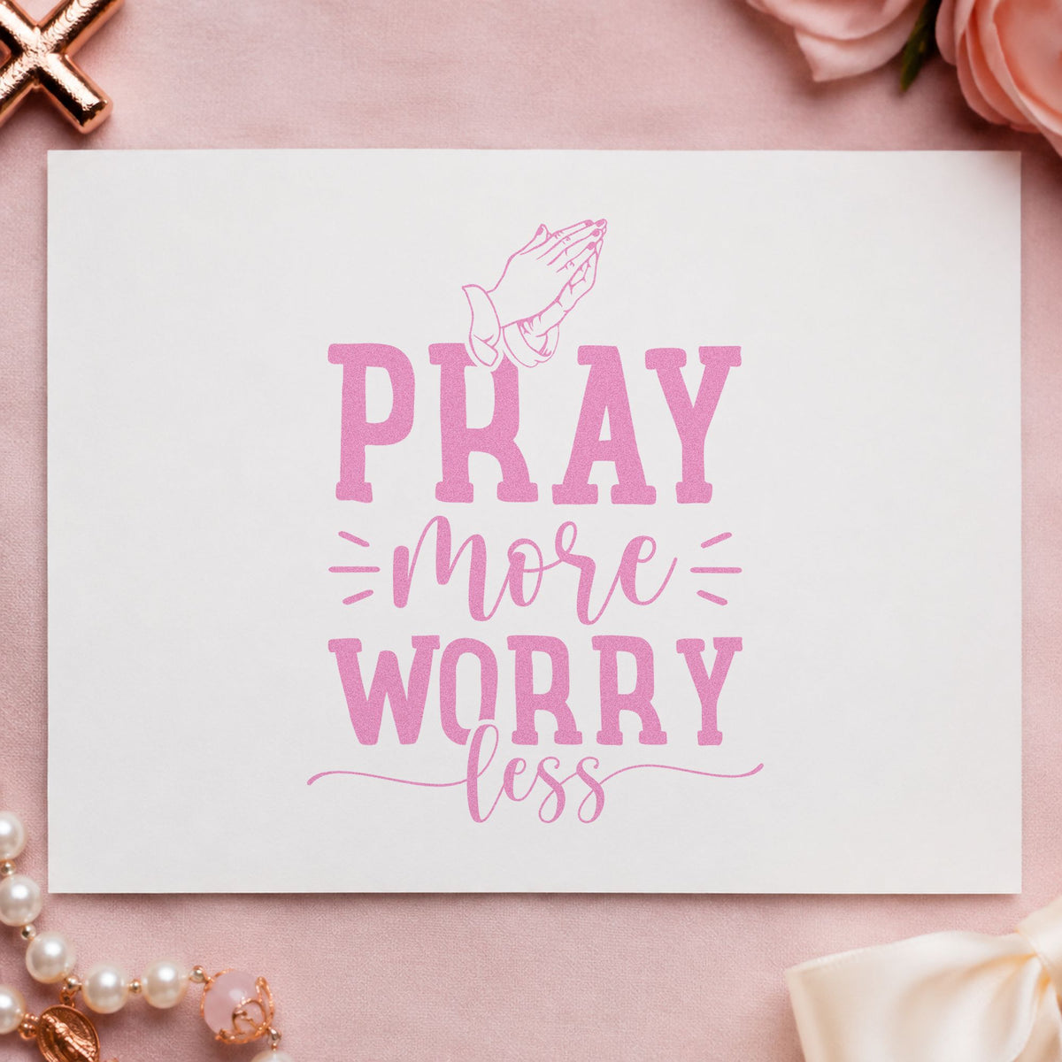 Pray More Worry Less Hands craft stamp in purple ink on cardstock, an easy option for kitchen wall art.