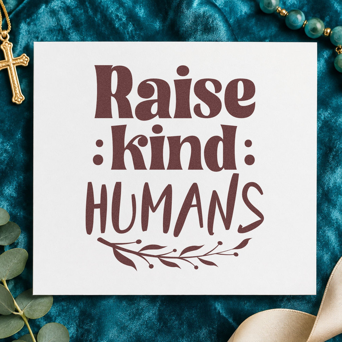 Raise Kind Humans rubber stamp printed in brown ink, ready for family scrapbooks and similar paper crafts.