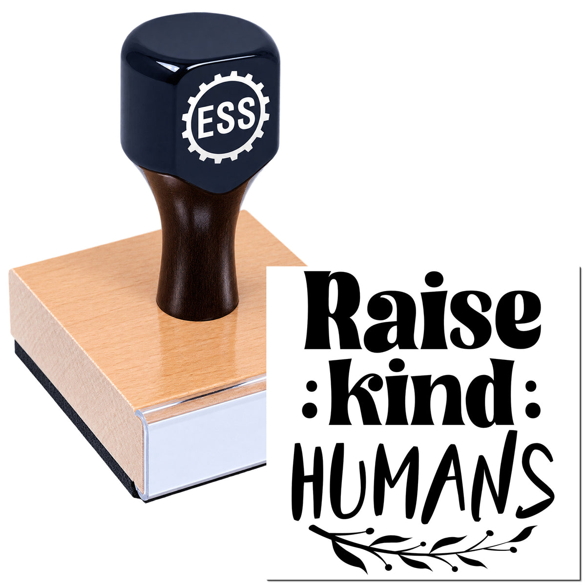 Dark blue rubber stamp and seal with pink base, printed "Raise kind humans" design.